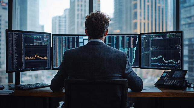 Busy financial analyst working with multiple monitors in a high-rise office overlooking a city skyline - Powered by Adobe