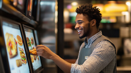 Smiling young man using a touchscreen kiosk in a modern fast food restaurant