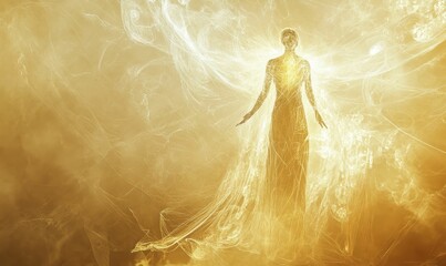 Golden figure, ethereal wings, radiant light.