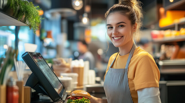 Smiling female cashier in a modern cafe serving food and interacting with customers