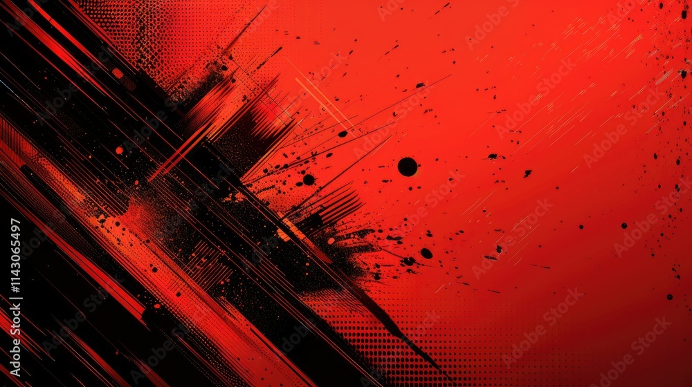 Poster abstract red and black graphic design featuring dynamic lines and splashes.