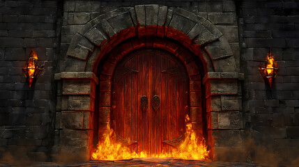 Majestic yet terrifying dungeon gates, opening into a realm of fire and brimstone, a classic scenario in both fantasy novels and role-playing games. Brimstone. Illustration