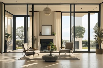 Obraz premium Crisp and Stylish Living Room Window Design with Full-Height Glass Frame on Pale Backdrop