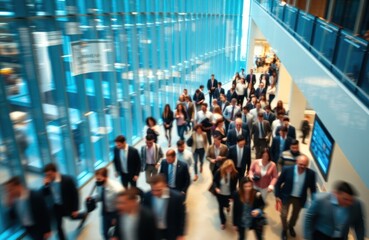 Obraz premium Large crowd of businesspeople walks briskly through modern office lobby. Fast-paced movement, blurred figures suggest rush hour busy expo. Blue corporate background highlights activity. Indoor urban