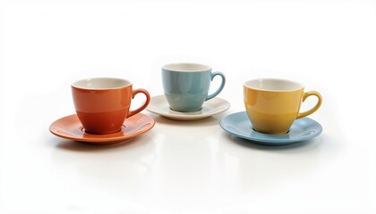 Modern espresso cup collection featuring vibrant orange, blue-gray, and mustard yellow ceramics with matching tone-on-tone saucers, arranged on reflective white surface