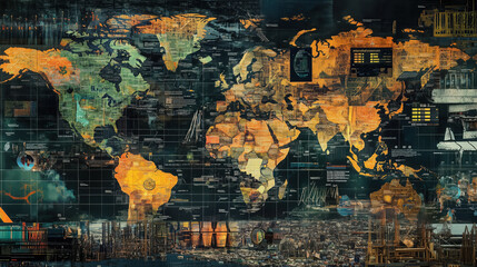Fototapeta premium Collage of Global Maps Illustrating Dominant Economic Sectors, Key Exports, Industries, and Natural Resources with Charts and Futuristic Data Overlays Highlighting International Trade Patterns and Eco