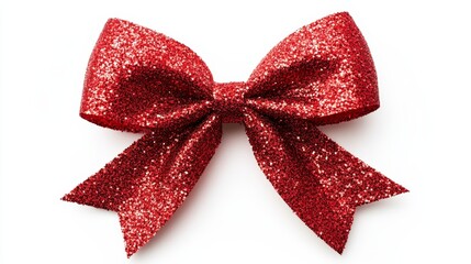 Red glitter bow isolated on white. Festive Christmas decoration.