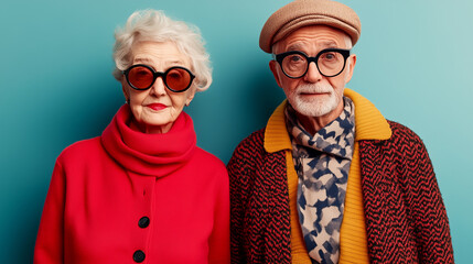 Stylish elderly couple wearing colorful clothing and glasses against a vibrant teal background