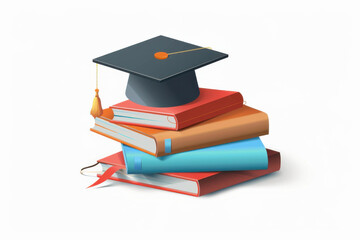 Illustration of stacked books with a graduation cap and pen, symbolizing education, learning, and academic success.