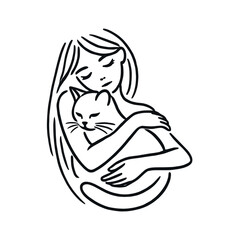 A girl hugs a white cat. Black line art illustration isolated on white background