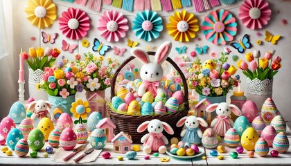 Fototapeta premium Fun and Colorful Easter Table with Bunnies, Eggs, and Treats for Kids