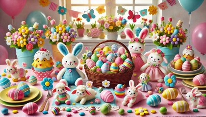 Fun and Colorful Easter Table with Bunnies, Eggs, and Treats for Kids
