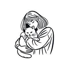 A girl hugs a white cat. Black line art illustration isolated on white background