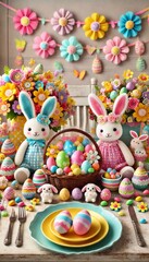 Fun and Colorful Easter Table with Bunnies, Eggs, and Treats for Kids