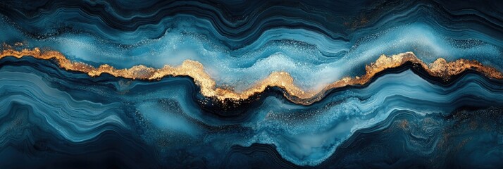 Abstract wavy design featuring blue and gold tones, evoking a sense of fluidity and elegance.