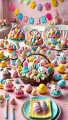 Fun and Colorful Easter Table with Bunnies, Eggs, and Treats for Kids