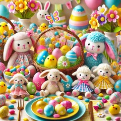 Fototapeta premium Fun and Colorful Easter Table with Bunnies, Eggs, and Treats for Kids