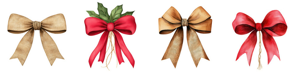 Rustic Christmas bows with burlap and vibrant colors for festive decor, isolated on transparent background.