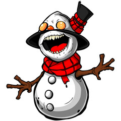 Monster Snowball smiling Snowman. Scary snowman with scarf and hat on the white background illustration graphic design