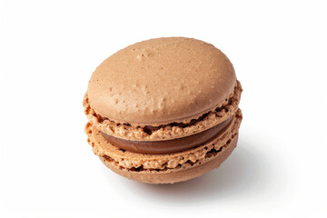A single pink macaron with a delicate, crispy shell and smooth filling, isolated on a white background.