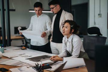 A group of business people actively engaging in a project discussion within a contemporary office. They are reviewing documents and brainstorming strategies together.