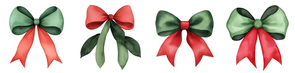 Traditional Christmas bows in red and green colors, perfect for festive decor, isolated on transparent background.