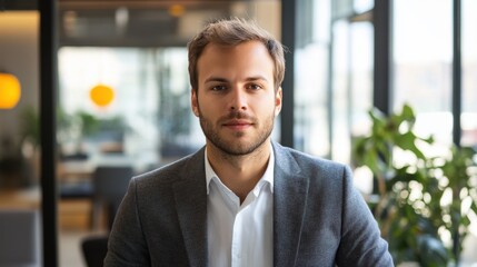 Obraz premium A man with a confident expression is seated in a contemporary office, surrounded by greenery and bathed in natural light, conveying professionalism and ease. Generative AI