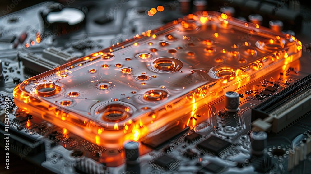 Poster an illuminated phone encased in a transparent material on a circuit board.