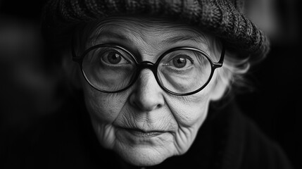 Black and white portrait of an elderly woman wearing glasses and a knitted hat