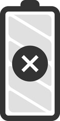 Simple battery icon showing a cross sign, indicating low power or depleted energy reserves, symbolizing the need for charging or replacement