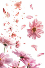 Delicate pink flowers with petals gently falling, creating a serene and peaceful atmosphere on a white background.