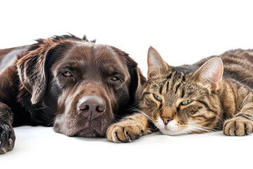 Fototapeta premium A happy German Shepherd dog and a tabby cat lying together, both looking directly at the camera.