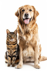 Fototapeta premium A happy German Shepherd dog and a tabby cat lying together, both looking directly at the camera.
