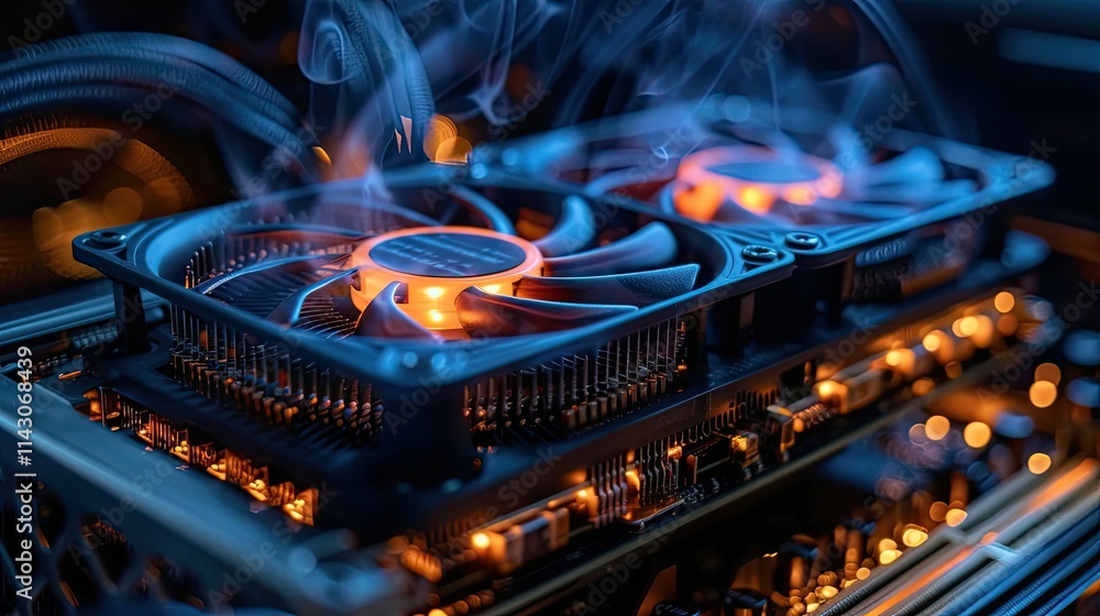 Poster close-up of a computer cooling system with glowing fans and intricate circuitry.