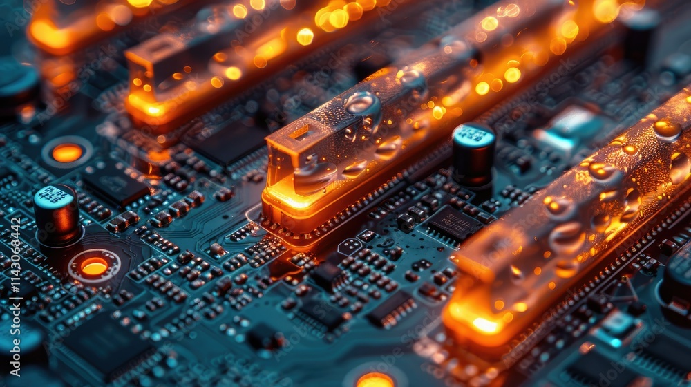 Poster close-up of a circuit board with illuminated components and water droplets.