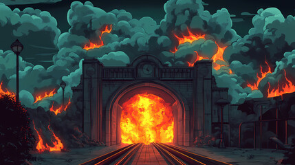 Hellish scene at a subway entrance where fiery lava and dense smoke transform the gate into a portal of hell, magma themed. Brimstone. Illustration