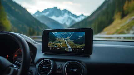 In-car navigation system displays scenic mountain road.