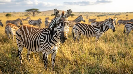 Obraz premium Zebras grazing on savanna at sunset, one looking at camera