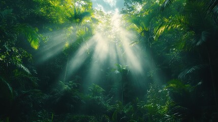 Fototapeta premium Sunbeams pierce through dense tropical rainforest canopy, illuminating lush green foliage.