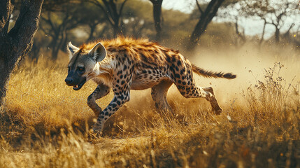 Hyena in african savannah setting, wildlife predator on the move, spotted carnivore running through...