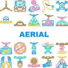 unmanned aerial vehicle drone uav icons set vector. quadcopter surveillance, reconnaissance mapping, delivery photography, videography unmanned aerial vehicle drone uav color line illustrations