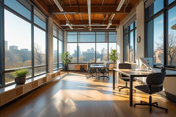 Obraz premium Bright and Airy Open-Plan Office with Abundant Natural Light and Spacious Windows
