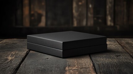 Sleek black gift box rests elegantly on a dark wooden table, creating a sophisticated display.