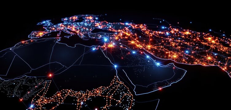 Hyper realistic digital map of Saudi Arabia, MENA region. Global network, connectivity. Cities, regions highlighted with vibrant lights. Showing international data transfer, communication routes.