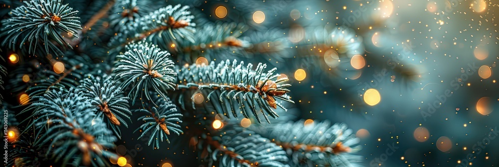 Poster close-up of snow-dusted pine branches with soft bokeh lights in the background.