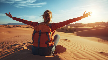 Woman in desert adventure scene, arms spread on sand dune, solo traveler enjoying freedom, sunny landscape with female, joyful explorer in summer nature, vacation, alone, happy.