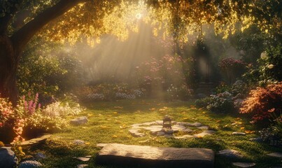 Obraz premium Sunlit garden with flowers, stone path, lantern.