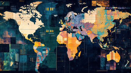 Fototapeta premium Collage of Global Maps Showcasing Primary Economic Sectors of Each Country: Agriculture, Industry, and Services with Futuristic Data Representations Illustrating Economic Dominance and Diversity, Idea