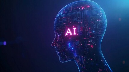 a digital head made up of circuits, nodes, and data flows, with dark blue gradient background, symbolizing the complexity of artificial intelligenc, AI technology concept	
