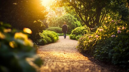 Obraz premium Person walks sunlit garden path, lush greenery.